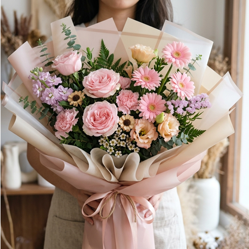 Bó Hoa Hồng Ohara Mix Cẩm Chướng Phong Cách Hàn Quốc